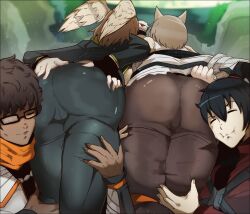 Rule 34 | 2boys, 2girls, absurdres, accidental pervert, animal ears, ass, ass focus, ass grab, bent over, black hair, black pantyhose, brown hair, cat ears, clothes lift, dark-skinned male, dark skin, eunie (xenoblade), glasses, grabbing own ass, grey hair, head on ass, head wings, highres, legs together, mio (xenoblade), multiple boys, multiple girls, noah (xenoblade), orphen (pink seito), pants, pantyhose, skirt, skirt lift, smile, taion (xenoblade), thigh grab, upskirt, wings, xenoblade chronicles (series), xenoblade chronicles 3