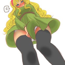 Rule 34 | 10s, 1girl, anger vein, asymmetrical hair, bad id, bad pixiv id, black thighhighs, blue eyes, blush, breasts, covering privates, covering crotch, dress, embarrassed, from below, fujima (k114), full-face blush, galko, green dress, large breasts, long hair, looking down, one side up, oshiete! galko-chan, panties, pantyshot, scrunchie, solo, spoken anger vein, standing, thighhighs, underwear, white panties