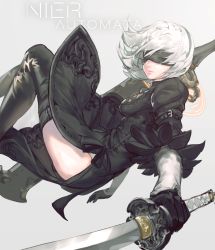 Rule 34 | 1girl, absurdres, arm belt, black blindfold, black dress, black footwear, black gloves, black thighhighs, blindfold, boots, closed mouth, commentary, copyright name, covered eyes, dress, english commentary, floating, gloves, grey background, grey hair, highres, holding, holding sword, holding weapon, juliet sleeves, katana, leotard, long sleeves, looking at viewer, nier (series), nier:automata, puffy sleeves, short hair, simple background, solo, sword, thigh boots, thighhighs, urorong, weapon, white leotard, 2b (nier:automata)