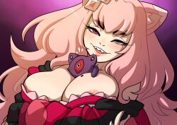 Rule 34 | 1girl, alien, animal ear fluff, animal ears, areola slip, blush, breasts, cat ears, cleavage, commentary, english commentary, half-closed eyes, heterochromia, highres, indie virtual youtuber, kinkymation, large breasts, lilyggoth, lilyggoth (nekomorph), mole, mole on breast, mole under mouth, monster girl, open mouth, pink eyes, pink hair, teeth, upper teeth only, virtual youtuber