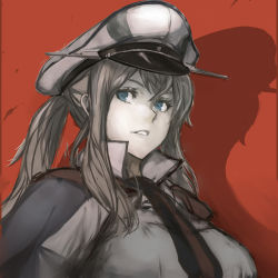 Rule 34 | 1girl, blonde hair, blue eyes, breasts, capelet, graf zeppelin (kancolle), hair between eyes, hat, kantai collection, large breasts, long hair, military, military uniform, nona (goodboy), parted lips, peaked cap, red background, shadow, sidelocks, simple background, solo, twintails, uniform, upper body
