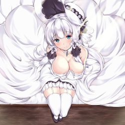 Rule 34 | 1girl, ahoge, arashiki mamizu, azur lane, bare shoulders, bed, blue eyes, blush, breasts, cleavage, closed eyes, collarbone, commentary request, covered erect nipples, dress, elbow gloves, from above, garter straps, gloves, hair ribbon, hat, head tilt, highres, illustrious (azur lane), large breasts, long hair, looking at viewer, looking up, mole, mole under eye, on bed, ponytail, ribbon, sidelocks, sitting, smile, solo, speech bubble, strapless, strapless dress, sun hat, thighhighs, thighs, tress ribbon, tri tails, white dress, white gloves, white hair, white hat, white thighhighs