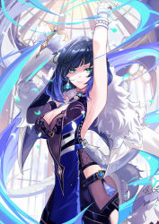 Rule 34 | 1girl, arm up, armpits, blue dress, blue hair, bob cut, breasts, cleavage, dress, earrings, fingerless gloves, fur trim, genshin impact, gloves, green eyes, highres, jacket, jewelry, large breasts, looking at viewer, mole, mole on breast, short hair, solo, vardan, vision (genshin impact), white gloves, white jacket, yelan (genshin impact)