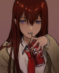 Rule 34 | 1girl, asobo u, bag, brown background, brown hair, can, collared shirt, dr pepper, drinking, drinking straw, hair between eyes, half-closed eyes, holding, holding can, long hair, long sleeves, looking at viewer, makise kurisu, necktie, open mouth, purple eyes, red necktie, shirt, simple background, sketch, solo, steins;gate, straight hair, upper body, white shirt, wing collar