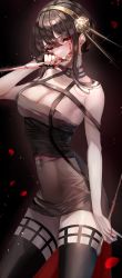 Rule 34 | 1girl, bad id, bad twitter id, bare shoulders, black background, black dress, black gloves, black hair, black thighhighs, blood, blood on face, bloody weapon, blush, breasts, chiachun0621, cleavage, covered navel, covering own mouth, cowboy shot, dagger, dress, dual wielding, fingerless gloves, flower, gloves, gold hairband, hair flower, hair ornament, hairband, hand up, highres, holding, holding dagger, holding knife, holding weapon, knife, large breasts, light particles, off-shoulder dress, off shoulder, red eyes, reverse grip, rose, short dress, short hair with long locks, sidelocks, solo, spikes, spy x family, thighhighs, tight clothes, tight dress, weapon, yor briar, zettai ryouiki