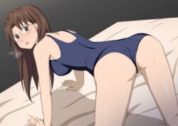 Rule 34 | 1girl, all fours, ass, azumanga daiou, blush, breasts, breath, brown eyes, brown hair, censored, commentary request, glasses, hall onon, hands on bed, highres, long hair, looking at viewer, medium breasts, mizuhara koyomi, mosaic censoring, nervous, on bed, open mouth, pussy, pussy peek, school swimsuit, shiny skin, shirt, solo, swimsuit