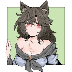 Rule 34 | 1girl, animal ear fluff, animal ears, black hair, border, breasts, brooch, cleavage, closed mouth, fe (tetsu), green background, imaizumi kagerou, jewelry, large breasts, long hair, looking at viewer, off shoulder, red eyes, simple background, solo, touhou, white border, wolf ears