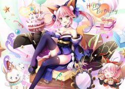 Rule 34 | 2girls, :d, animal ear fluff, animal ears, animal hands, anniversary, arm support, balloon, bare shoulders, blue kimono, blue sleeves, blue thighhighs, bow, box, breasts, cake, card, choker, cleavage, closed eyes, collarbone, confetti, detached sleeves, dress, fangs, fate/grand order, fate (series), food, foot out of frame, fox ears, fox tail, gift, gift box, gloves, gyaza, hair bow, happy birthday, heart balloon, highres, holding, holding cake, holding food, japanese clothes, kimono, knee up, long hair, medium breasts, multicolored background, multiple girls, off shoulder, okobo, on box, open mouth, paw gloves, pink hair, playing card, purple bow, rabbit, sandals, short dress, sitting, sitting on box, smile, solo focus, split ponytail, star (symbol), tail, tamamo (fate), tamamo no mae (fate/extra), thighhighs, yellow eyes