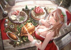 Rule 34 | 1girl, absurdres, belt, breasts, brown hair, cake, christmas, christmas tree, cleavage, cone, dress, emma (color me red) (nikke), emma (nikke), finger in own mouth, food, from above, fruit, goddess of victory: nikke, hat, highres, holding, holding knife, huge breasts, indoors, knife, long hair, looking at viewer, santa costume, santa dress, santa hat, solo, strawberry, table, takubon, yellow eyes
