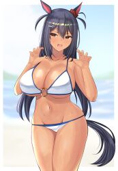 Rule 34 | 1girl, absurdres, animal ears, bare shoulders, bikini, black hair, blurry, blurry background, breasts, claw pose, cleavage, cowboy shot, cropped legs, dark-skinned female, dark skin, ear ornament, fang, highres, hishi amazon (umamusume), horse ears, horse girl, horse tail, large breasts, o-ring, o-ring bikini, open mouth, outdoors, simple background, skin fang, smile, solo, solo focus, swimsuit, tail, tf cafe, umamusume, white background, white bikini