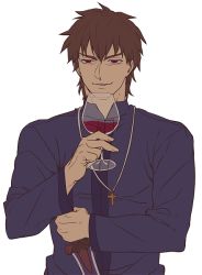 Rule 34 | 10s, 1boy, alcohol, azoth knife, brown hair, cross, cross necklace, cup, dagger, drinking, drinking glass, fate/zero, fate (series), flat color, jewelry, knife, kotomine kirei, male focus, necklace, red eyes, short hair, simple background, solo, tiger &amp; bunny, weapon, white background, wine, wine glass, zihad