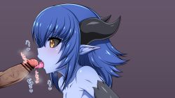 Rule 34 | 1boy, 1girl, blue hair, blush, censored, coco ankou, highres, horns, licking, monster girl, open mouth, oral, original, penis, saliva, tongue, tongue out, yellow eyes