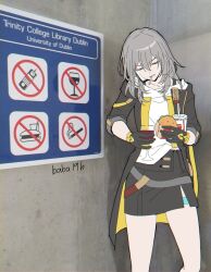 Rule 34 | 1girl, artist name, baba19h, black gloves, black jacket, black skirt, burger, cigarette, commentary, cup, drinking glass, english commentary, food, gloves, grey hair, highres, holding, holding cup, holding food, honkai: star rail, honkai (series), jacket, meme, photo-referenced, real world location, red wine, shirt, skirt, smoking, stelle (honkai: star rail), talking on phone, trailblazer (honkai: star rail), trinity college library dublin, white shirt, wine, wine glass, yellow trim