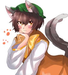 Rule 34 | 1girl, animal ears, annoyed, brown hair, cat ears, cat tail, chen, earrings, hand on own face, hat, highres, jewelry, kashiwara mana, looking at viewer, mob cap, multiple tails, nekomata, short hair, solo, tail, touhou, v-shaped eyebrows