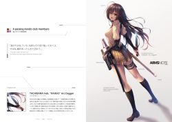 Rule 34 | 1girl, :d, arms note, artist name, black socks, blush, breasts, brown footwear, brown hair, brown skirt, commentary request, copyright name, dagger, detached sleeves, floating hair, fukai ryosuke, full body, green eyes, hair between eyes, high-frequency blade, holding, holding weapon, holster, katana, kneehighs, kneepits, knife, less-than-lethal weapon, loafers, long hair, looking back, medium breasts, open mouth, original, plaid, plaid skirt, sample watermark, school uniform, shadow, sheath, sheathed, shinai, shirt, shoes, short sleeves, sidelocks, signature, skirt, smile, socks, solo, standing, stun knife, sword, thigh holster, thigh strap, very long hair, watermark, weapon, white shirt