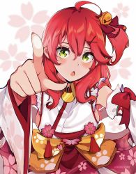 Rule 34 | 1girl, ahoge, bell, bow, breasts, cherry blossom print, cherry blossoms, detached sleeves, floral print, flower, green eyes, hair bell, hair between eyes, hair bow, hair ornament, hair over shoulder, hairclip, highres, hololive, japanese clothes, kimono, long hair, long sleeves, looking at viewer, one side up, orangexdrop, petals, pink bow, pink flower, pink hair, red bow, sakura miko, sakura miko (1st costume), sleeveless, sleeveless kimono, solo, virtual youtuber, white kimono, white sleeves, wide sleeves