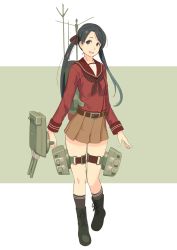Rule 34 | 1girl, belt, black eyes, black footwear, black hair, black neckerchief, black socks, boots, brown sailor collar, brown serafuku, brown skirt, cross-laced footwear, full body, grey background, highres, kantai collection, lace-up boots, long hair, looking at viewer, machinery, mikuma (kancolle), neckerchief, pleated skirt, sailor collar, school uniform, serafuku, skirt, socks, solo, standing, twintails, two-tone background, white background, yuuji (and)