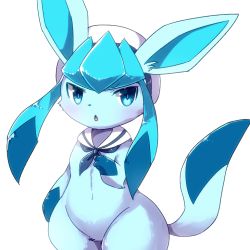 Rule 34 | 1girl, blue eyes, blush, body fur, clothed pokemon, commentary request, creatures (company), furry, furry female, game freak, gen 4 pokemon, glaceon, hat, kemoribon, nintendo, open mouth, pokemon, pokemon (creature), sailor collar, sailor hat, simple background, solo, white background, wide hips