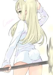 Rule 34 | 1girl, animal ears, arm up, blonde hair, rabbit ears, rabbit tail, dress shirt, elin, emily (pure dream), from behind, green eyes, highres, long hair, looking back, no pants, shirt, sketch, solo, staff, tail, tera online, weapon, white shirt, yellow eyes