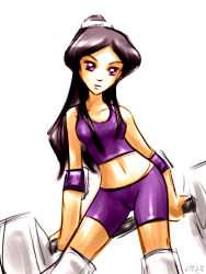 Rule 34 | 1girl, black hair, highres, looking at viewer, mandy (totally spies), ponytail, purple eyes, simple background, sports bra, totally spies, weights, white background