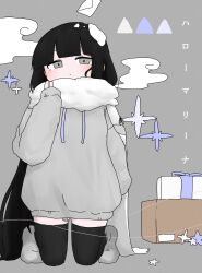 Rule 34 | 1girl, absurdres, bandaid, bandaid on leg, black hair, black thighhighs, blunt bangs, blush, box, cloud, commentary, dot mouth, dovepopon, enpera, envelope, full body, fur scarf, gift, grey background, grey eyes, grey hoodie, hand up, highres, hood, hoodie, inabakumori, kneeling, long hair, long sleeves, looking at viewer, osage (nukunuku nigirimeshi), oversized clothes, package, scarf, shoes, sleeves past wrists, snow on head, solo, song name, sparkle, star (symbol), thighhighs, translated, very long hair, white scarf