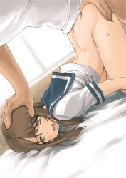 Rule 34 | 1boy, 1girl, arched back, ass grab, backlighting, bad id, bad pixiv id, bed, bed sheet, blue sailor collar, blush, bottomless, brown hair, butt crack, dutch angle, green eyes, head grab, hetero, indoors, ishida masayuki, looking to the side, on bed, open mouth, original, out of frame, raised eyebrows, rape, sailor collar, saliva, school uniform, serafuku, sex, shiny skin, shirt, short hair with long locks, short sleeves, sidelocks, solo focus, sweat, tearing up, tears, thighs, top-down bottom-up, white shirt, window