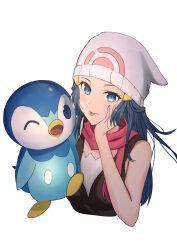 Rule 34 | 1girl, absurdres, beanie, black hair, black shirt, blue eyes, closed mouth, commentary request, creatures (company), dawn (pokemon), eyelashes, game freak, gen 4 pokemon, hair ornament, hairclip, hand up, hat, highres, long7nana, long hair, nintendo, pink scarf, piplup, pokemon, pokemon (anime), pokemon (creature), pokemon dppt (anime), scarf, shirt, simple background, sleeveless, sleeveless shirt, tongue, tongue out, white background, white headwear