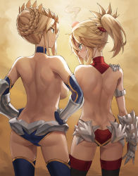 Rule 34 | 2girls, ahoge, armor, artoria pendragon (fate), artoria pendragon (lancer) (fate), ass, back, blonde hair, blush, braid, braided bun, breasts, butt crack, closed mouth, crown, dimples of venus, elbow gloves, fate/apocrypha, fate/grand order, fate (series), faulds, female focus, french braid, gauntlets, gloves, green eyes, hair bun, hair ornament, hair scrunchie, hands on own hips, head bump, highres, large breasts, long hair, looking at another, mature female, mordred (fate), mordred (fate/apocrypha), mother and daughter, multiple girls, panties, ponytail, pout, red scrunchie, revision, scrunchie, shoulder blades, sidelocks, single hair bun, small breasts, thighhighs, thighs, tonee, topless, underwear