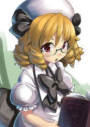 Rule 34 | bespectacled, blonde hair, book, drill hair, glasses, hat, luna child, open book, open mouth, red eyes, ribbon, short hair, sitting, solo, touhou, umigarasu (kitsune1963), wings