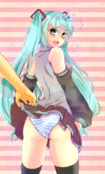 Rule 34 | 1girl, ^^^, aqua eyes, aqua hair, ass, blush, clothes lift, detached sleeves, flying sweatdrops, from behind, hatsune miku, hetero, long hair, looking back, minami (teahoney13), open mouth, panties, skirt, skirt lift, striped background, striped clothes, striped panties, thighhighs, twintails, underwear, upskirt, very long hair, vocaloid, wavy mouth