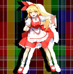 Rule 34 | 1boy, 1girl, :d, apron, blonde hair, bow, bow hairband, buttons, cat, commentary request, ellen (touhou), frilled skirt, frills, hair bow, hairband, happy, legs, long hair, mary janes, open mouth, puffy short sleeves, puffy sleeves, red bow, red footwear, red skirt, red vest, shirt, shoes, short sleeves, skirt, smile, socks, sokrates (touhou), solo, standing, touhou, touhou (pc-98), turtleneck, vest, voyager (user yrzv4324), waist apron, white apron, white shirt, white socks, yellow eyes