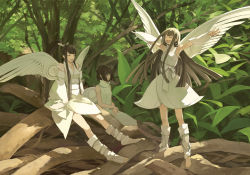 Rule 34 | 3girls, arms up, bare shoulders, barefoot, blunt bangs, brown hair, closed eyes, detached sleeves, fairy, japanese clothes, long hair, mini person, minigirl, multiple girls, nature, original, outdoors, ponytail, sandals, short hair, sitting, smile, standing, tanjiu, wings