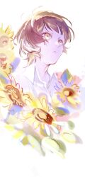 Rule 34 | 1boy, absurdres, bachira meguru, blue lock, collared shirt, commentary request, flower, highres, looking afar, male focus, open collar, open mouth, partial commentary, shirt, short hair, solo, sunflower, white background, white shirt, yellow eyes, yune525neko