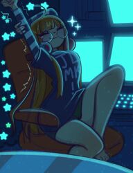 Rule 34 | 1girl, ^ ^, absurdres, ahoge, barefoot, black shirt, breasts, chair, closed eyes, computer keyboard, day-aannee, dim lighting, english text, eyelashes, glasses, green panties, hand on own arm, headphones, highres, illumination, knee up, long hair, long shirt, long sleeves, monitor, orange hair, panties, panty peek, persona, persona 5, print shirt, sakura futaba, screen light, shirt, sitting, small breasts, smile, solo, sparkle, star (symbol), stretching, striped sleeves, tearing up, underwear