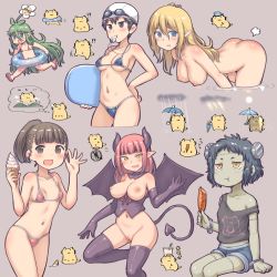 Rule 34 | 6+girls, :d, aaaa (quad-a), bad id, bad pixiv id, bare shoulders, bikini, black gloves, black legwear, black shirt, blonde hair, blue bikini, blue eyes, blue shorts, blunt bangs, blush, breasts, brown background, brown eyes, brown hair, colored skin, demon girl, demon tail, demon wings, eating, elbow gloves, elf, flower, flower on head, food, functionally nude, gloves, green hair, green skin, hair between eyes, hand on own hip, hanging breasts, highres, horns, ice cream, large breasts, long hair, looking at viewer, mandragora, micro bikini, multiple girls, navel, nipples, no bra, nude, off shoulder, open mouth, original, partially submerged, pointy ears, ponytail, red bikini, red hair, revealing clothes, scar, shirt, short hair, shorts, simple background, sitting, sleeveless, sleeveless shirt, small breasts, smile, swimsuit, tail, thighhighs, uncensored, very long hair, wings, yellow eyes, zombie