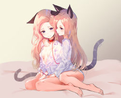 Rule 34 | 2girls, aak, animal ears, bad id, bad pixiv id, barefoot, blade &amp; soul, blonde hair, blue eyes, blush, bottomless, bound, bound wrists, breasts, brown hair, cat ears, cat tail, choker, dress shirt, face-to-face, hand on another&#039;s thigh, highres, hug, leash, leash pull, long hair, lyn (blade &amp; soul), multiple girls, no bra, open clothes, open shirt, shirt, small breasts, tail, toes, unbuttoned, white shirt, yuri