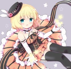 Rule 34 | :d, aqua eyes, bare shoulders, belt buckle, black bow, black hat, black ribbon, black thighhighs, blonde hair, blush, bow, breasts, buckle, collar, commentary request, cross-laced clothes, dress, elbow gloves, flower, frilled collar, frills, garter straps, gloves, gochuumon wa usagi desu ka?, grey background, halterneck, hat, hat flower, hat ornament, himarisu (hida mari), kirima syaro, layered dress, long dress, looking at viewer, mini hat, mini top hat, open mouth, orange dress, outstretched hand, ribbon, rose, short hair, signature, simple background, sitting, sleeveless, sleeveless dress, small breasts, smile, solo, star (symbol), striped, thighhighs, top hat, underbust, white gloves, wristband