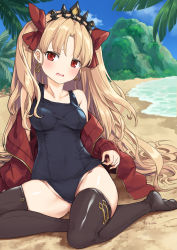 Rule 34 | 1girl, artist name, bare shoulders, beach, black thighhighs, blonde hair, blue one-piece swimsuit, blush, bow, breasts, collarbone, commentary request, covered navel, day, earrings, ereshkigal (fate), fate (series), groin, hair bow, jacket, jewelry, long hair, looking at viewer, medium breasts, mountain, no shoes, ocean, off shoulder, old school swimsuit, one-piece swimsuit, open mouth, outdoors, palm tree, parted bangs, red bow, red eyes, red jacket, school swimsuit, sitting, sky, solo, swimsuit, thighhighs, tiara, tree, two side up, tyone