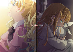 Rule 34 | 2girls, athanasia de alger obelia, black bow, black bowtie, blonde hair, blue eyes, blush, bow, bowtie, brown hair, child, covered mouth, crying, dress, english text, eoneu nal gongjuga doeeobeoryeotda, from side, gradient background, highres, hugging object, jennette margarita, juliet sleeves, long hair, long sleeves, mnt19960718, multiple girls, on bed, open mouth, ponytail, profile, puffy sleeves, sad, sitting, sleepwear, straight hair, streaming tears, stuffed animal, stuffed rabbit, stuffed toy, tears, upper body, white dress