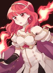 Rule 34 | 1girl, bad id, bad pixiv id, bare shoulders, black background, breasts, cape, celica (fire emblem), cleavage, detached collar, dress, dutch angle, earrings, fingerless gloves, fire, fire emblem, fire emblem echoes: shadows of valentia, gloves, hairband, highres, jewelry, long hair, medium breasts, nintendo, open mouth, red eyes, red hair, simple background, solo, sushitarou, upper body