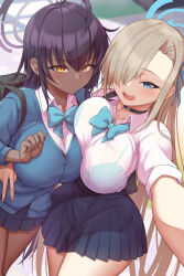 Rule 34 | 2girls, asuna (blue archive), asymmetrical docking, black hair, black skirt, blue archive, blue bow, blue bowtie, blue bra, blue cardigan, blue eyes, blurry, blush, bow, bowtie, bra, bra visible through clothes, breast press, breasts, brown hair, cardigan, cowboy shot, dark-skinned female, dark skin, depth of field, from above, hair over one eye, hand around waist, highres, karin (blue archive), large breasts, light brown hair, long hair, long sleeves, looking at viewer, miniskirt, multiple girls, open mouth, outstretched arm, pleated skirt, see-through, see-through shirt, selfie, shirt, skirt, sleeves rolled up, teeth, thighs, underwear, upper teeth only, v, white shirt, yasojima nejiro, yellow eyes