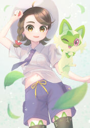 Rule 34 | 1girl, :d, absurdres, ahoge, arm up, braid, brown eyes, brown hair, collared shirt, commentary request, creatures (company), eyelashes, falling leaves, game freak, hat, highres, holding, holding poke ball, juliana (pokemon), leaf, looking down, navel, necktie, nintendo, open mouth, poke ball, poke ball (basic), pokemon, pokemon (creature), pokemon sv, purple necktie, purple shorts, shirt, short sleeves, shorts, smile, sprigatito, terupu (eule312), thighhighs