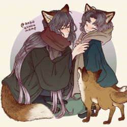 2boys :3 animal animal_ears ankotsubumame child closed_eyes commentary_request fox fox_boy fox_ears fox_tail full_body grey_eyes grey_hair haori highres japanese_clothes kimono long_hair looking_at_another male_focus multiple_boys original scarf_tying short_hair squatting tail very_long_hair