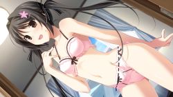 Rule 34 | 1girl, black hair, blush, bow, bow bra, bow panties, bra, brown eyes, dutch angle, game cg, hair ribbon, indoors, kiss bell, lace, lace-trimmed bra, lace-trimmed panties, lace trim, lingerie, long hair, miyamae eri, navel, open mouth, panties, pink bra, pink panties, ribbon, solo, sweatdrop, takei ooki, twintails, underwear, underwear only