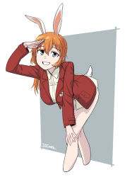 Rule 34 | absurdres, animal ears, bent over, blue eyes, charlotte e. yeager, dragoncastle, grey background, highres, jacket, looking at viewer, orange hair, rabbit ears, rabbit girl, rabbit tail, red jacket, salute, shirt, solo, strike witches, tail, white background, white shirt, world witches series
