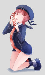 Rule 34 | 10s, 1girl, bad id, bad pixiv id, between legs, blue dress, blue socks, blunt bangs, brown eyes, brown hair, clothes writing, comah, dress, food, grey background, hat, kantai collection, kneeling, licking, long sleeves, looking at viewer, neckerchief, sailor collar, sailor dress, sailor hat, sausage, sexually suggestive, short hair, socks, solo, z3 max schultz (kancolle)