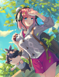 Rule 34 | 1boy, 1girl, animal ears, backpack, bag, bare legs, beret, black hair, black ribbon, blue eyes, blunt bangs, blush, branch, butterfly hair ornament, cloud, collarbone, creatures (company), da-cart, dress, game freak, go-toubun no hanayome, green headwear, grey sweater, hair ornament, hand on forehead, hat, highres, monkey ears, monkey tail, nakano nino, nintendo, outdoors, parted lips, pink dress, pink hair, poke ball, pokemon, pokemon swsh, ribbon, sky, sweater, tail, thick thighs, thighs, tree, tree shade, twintails, uesugi fuutarou, v-shaped eyebrows
