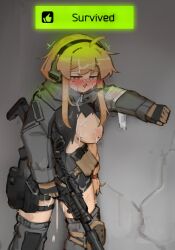 Rule 34 | 1girl, absurdres, ahoge, assault rifle, bandaid, bandaid on face, bandaid on nose, blonde hair, blue eyes, blush, breasts, bright pupils, cum, cum on body, cum on breasts, cum on hair, cum on upper body, english text, facial, female focus, gloves, gun, headset, highres, holding, holding gun, holding weapon, indie virtual youtuber, large breasts, long sleeves, nipples, open mouth, rifle, solo, standing, tactical clothes, torn clothes, virtual youtuber, weapon, whiskey project, white pupils, xerbatt
