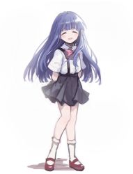 Rule 34 | 1girl, arms behind back, black skirt, blue hair, blunt bangs, blush, bobby socks, bow, bowtie, closed eyes, collared shirt, commentary request, facing viewer, full body, furude rika, highres, higurashi no naku koro ni, knees together feet apart, korean commentary, long hair, mary janes, mixed-language commentary, parted lips, pink bow, pink bowtie, pleated skirt, red footwear, shirt, shoes, short sleeves, simple background, sketch, skirt, smile, socks, solo, standing, suspender skirt, suspenders, white background, white shirt, white socks, wing collar, yang38