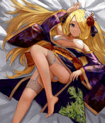 Rule 34 | 1girl, alternate costume, arm up, bed sheet, blonde hair, bra, breasts, closed mouth, covered erect nipples, creatures (company), cynthia (pokemon), dantahi01, eyelashes, fingernails, game freak, grey panties, hair ornament, hair over one eye, leg up, long hair, looking at viewer, lying, nintendo, on back, panties, pokemon, pokemon dppt, see-through, see-through legwear, solo, thighhighs, toes, underwear, white bra, yellow eyes
